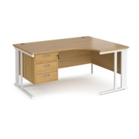 Maestro 25 right hand ergonomic desk 1600mm wide with 3 drawer pedestal - white cable managed leg frame and oak top
