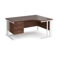 Maestro 25 right hand ergonomic desk 1600mm wide with 3 drawer pedestal - white cable managed leg frame and walnut top