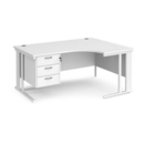Maestro 25 right hand ergonomic desk 1600mm wide with 3 drawer pedestal - white cable managed leg frame and white top