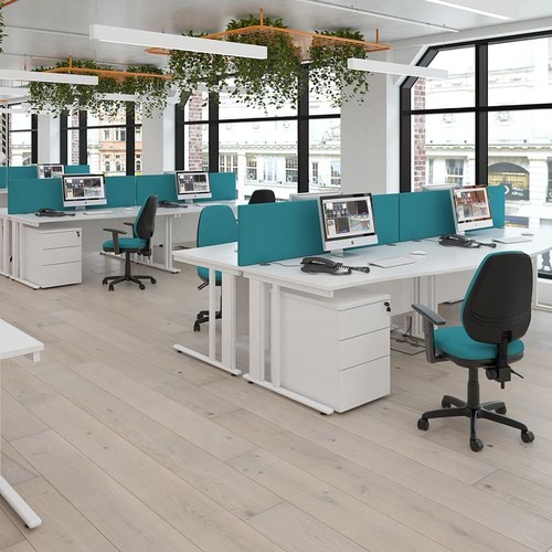 Maestro 25 right hand ergonomic desk 1600mm wide with 3 drawer pedestal - white cable managed leg frame and white top