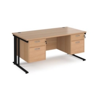 Maestro 25 straight desk 1600mm x 800mm with two x 2 drawer pedestals - black cable managed leg frame and beech top