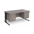 Maestro 25 straight desk 1600mm x 800mm with two x 2 drawer pedestals - black cable managed leg frame and grey oak top