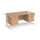 Maestro 25 straight desk 1600mm x 800mm with two x 2 drawer pedestals - white cable managed leg frame and beech top