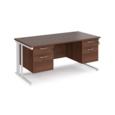 Maestro 25 straight desk 1600mm x 800mm with two x 2 drawer pedestals - white cable managed leg frame and walnut top