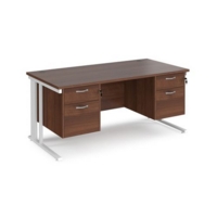 Maestro 25 straight desk 1600mm x 800mm with two x 2 drawer pedestals - white cable managed leg frame and walnut top