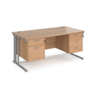 Maestro 25 straight desk 1600mm x 800mm with 2 and 3 drawer pedestals - silver cable managed leg frame and beech top