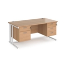 Maestro 25 straight desk 1600mm x 800mm with 2 and 3 drawer pedestals - white cable managed leg frame and beech top