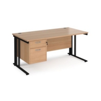 Maestro 25 straight desk 1600mm x 800mm with 2 drawer pedestal - black cable managed leg frame and beech top