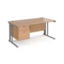 Maestro 25 straight desk 1600mm x 800mm with 2 drawer pedestal - silver cable managed leg frame and beech top