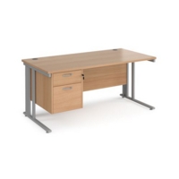 Maestro 25 straight desk 1600mm x 800mm with 2 drawer pedestal - silver cable managed leg frame and beech top