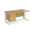 Maestro 25 straight desk 1600mm x 800mm with 2 drawer pedestal - white cable managed leg frame and oak top