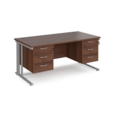 Maestro 25 straight desk 1600mm x 800mm with two x 3 drawer pedestals - silver cable managed leg frame and walnut top