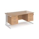 Maestro 25 straight desk 1600mm x 800mm with two x 3 drawer pedestals - white cable managed leg frame and beech top