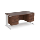 Maestro 25 straight desk 1600mm x 800mm with two x 3 drawer pedestals - white cable managed leg frame and walnut top