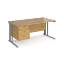 Maestro 25 straight desk 1600mm x 800mm with 3 drawer pedestal - silver cable managed leg frame and oak top