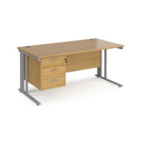 Maestro 25 straight desk 1600mm x 800mm with 3 drawer pedestal - silver cable managed leg frame and oak top