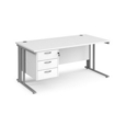 Maestro 25 straight desk 1600mm x 800mm with 3 drawer pedestal - silver cable managed leg frame and white top