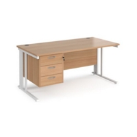 Maestro 25 straight desk 1600mm x 800mm with 3 drawer pedestal - white cable managed leg frame and beech top