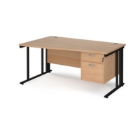 Maestro 25 left hand wave desk 1600mm wide with 2 drawer pedestal - black cable managed leg frame and beech top