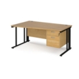 Maestro 25 left hand wave desk 1600mm wide with 2 drawer pedestal - black cable managed leg frame and oak top