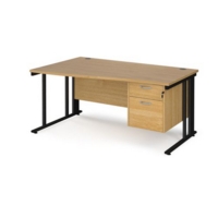 Maestro 25 left hand wave desk 1600mm wide with 2 drawer pedestal - black cable managed leg frame and oak top