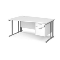 Maestro 25 left hand wave desk 1600mm wide with 2 drawer pedestal - silver cable managed leg frame and white top