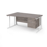 Maestro 25 left hand wave desk 1600mm wide with 2 drawer pedestal - white cable managed leg frame and grey oak top
