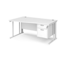 Maestro 25 left hand wave desk 1600mm wide with 2 drawer pedestal - white cable managed leg frame and white top