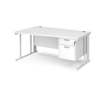 Maestro 25 left hand wave desk 1600mm wide with 2 drawer pedestal - white cable managed leg frame and white top