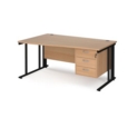 Maestro 25 left hand wave desk 1600mm wide with 3 drawer pedestal - black cable managed leg frame and beech top