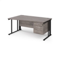 Maestro 25 left hand wave desk 1600mm wide with 3 drawer pedestal - black cable managed leg frame and grey oak top