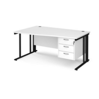 Maestro 25 left hand wave desk 1600mm wide with 3 drawer pedestal - black cable managed leg frame and white top