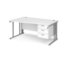 Maestro 25 left hand wave desk 1600mm wide with 3 drawer pedestal - silver cable managed leg frame and white top
