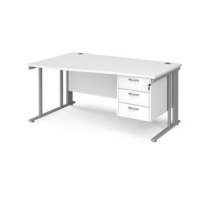 Maestro 25 left hand wave desk 1600mm wide with 3 drawer pedestal - silver cable managed leg frame and white top