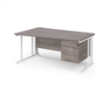 Maestro 25 left hand wave desk 1600mm wide with 3 drawer pedestal - white cable managed leg frame and grey oak top
