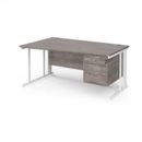 Maestro 25 left hand wave desk 1600mm wide with 3 drawer pedestal - white cable managed leg frame and grey oak top