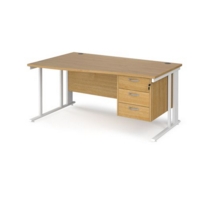 Maestro 25 left hand wave desk 1600mm wide with 3 drawer pedestal - white cable managed leg frame and oak top