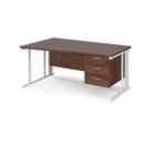Maestro 25 left hand wave desk 1600mm wide with 3 drawer pedestal - white cable managed leg frame and walnut top