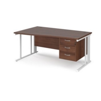 Maestro 25 left hand wave desk 1600mm wide with 3 drawer pedestal - white cable managed leg frame and walnut top