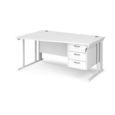Maestro 25 left hand wave desk 1600mm wide with 3 drawer pedestal - white cable managed leg frame and white top