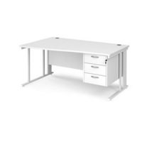 Maestro 25 left hand wave desk 1600mm wide with 3 drawer pedestal - white cable managed leg frame and white top