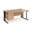 Maestro 25 right hand wave desk 1600mm wide with 2 drawer pedestal - black cable managed leg frame and beech top