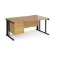 Maestro 25 right hand wave desk 1600mm wide with 2 drawer pedestal - black cable managed leg frame and oak top