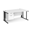 Maestro 25 right hand wave desk 1600mm wide with 2 drawer pedestal - black cable managed leg frame and white top