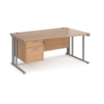 Maestro 25 right hand wave desk 1600mm wide with 2 drawer pedestal - silver cable managed leg frame and beech top