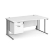 Maestro 25 right hand wave desk 1600mm wide with 2 drawer pedestal - silver cable managed leg frame and white top