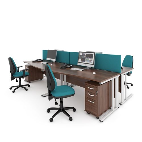Maestro 25 right hand wave desk 1600mm wide with 2 drawer pedestal - white cable managed leg frame and beech top