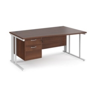 Maestro 25 right hand wave desk 1600mm wide with 2 drawer pedestal - white cable managed leg frame and walnut top