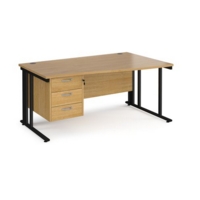 Maestro 25 right hand wave desk 1600mm wide with 3 drawer pedestal - black cable managed leg frame and oak top
