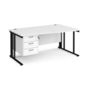 Maestro 25 right hand wave desk 1600mm wide with 3 drawer pedestal - black cable managed leg frame and white top